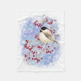 Watercolor Chickadee & Berries Frosty Winter Scene Fleece Blanket