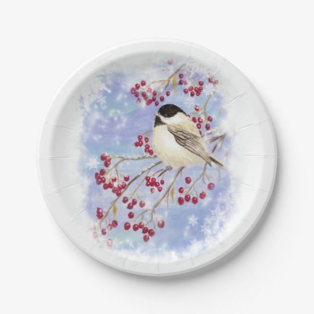 Watercolor Chickadee Bird Frosty Winter Snowflakes Paper Plate (Front)