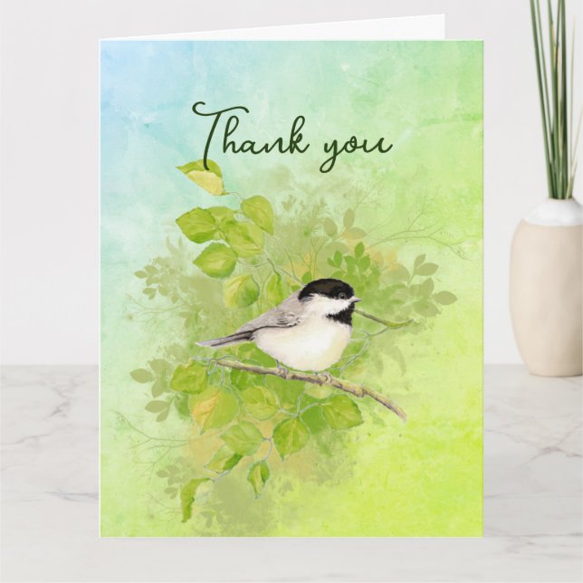 Watercolor Chickadee Bird Nature Art Thanks Card (Front)