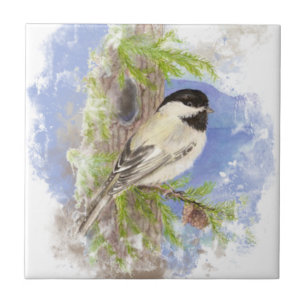 Watercolor Chickadee Bird Nature art Tile