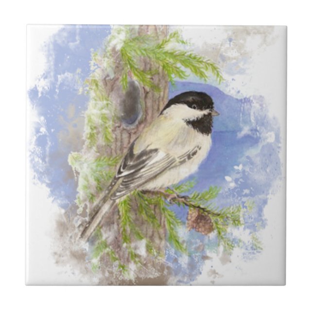 Watercolor Chickadee Bird Nature art Tile (Front)