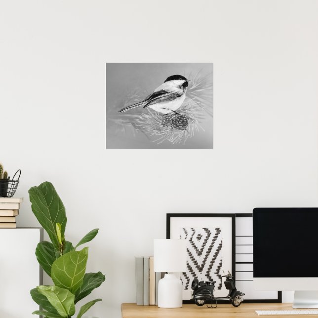 Watercolor Chickadee Bird Pine Cone Nature Art Poster (Home Office)