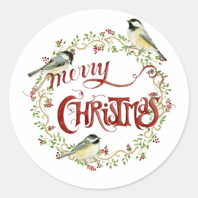 Watercolor Chickadee Birds Merry Christmas Wreath Classic Round Sticker (Front)