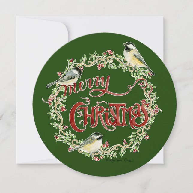 Watercolor Chickadee Birds Merry Christmas Wreath Holiday Card (Front)