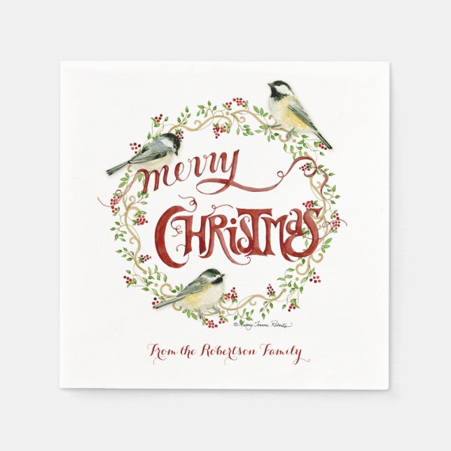 Watercolor Chickadee Birds Merry Christmas Wreath Napkin (Front)