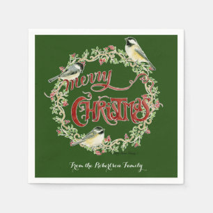 Watercolor Chickadee Birds Merry Christmas Wreath Napkin