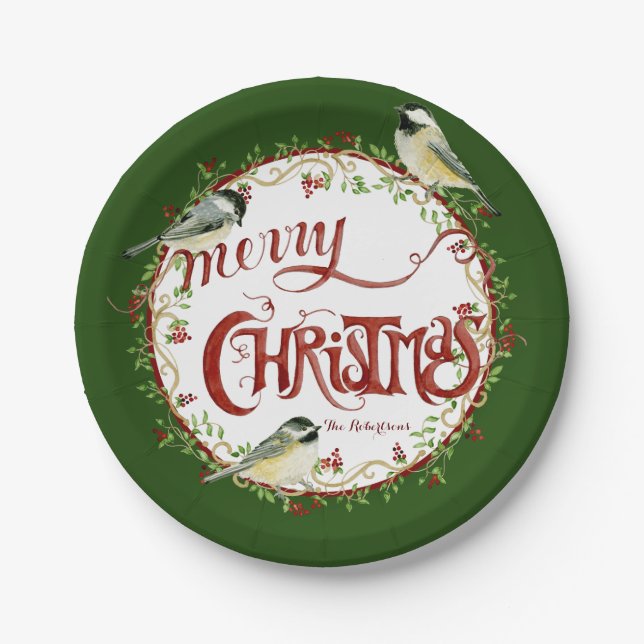 Watercolor Chickadee Birds Merry Christmas Wreath Paper Plate (Front)