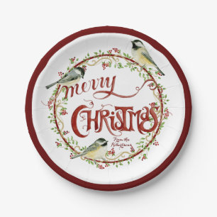 Watercolor Chickadee Birds Merry Christmas Wreath Paper Plate