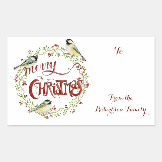 Watercolor Chickadee Birds Merry Christmas Wreath Rectangular Sticker (Front)