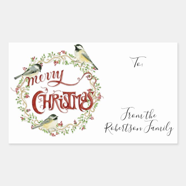 Watercolor Chickadee Birds Merry Christmas Wreath Rectangular Sticker (Front)