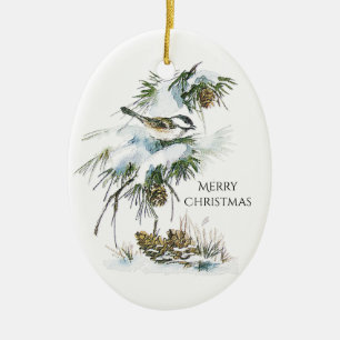 Watercolor Chickadee Ceramic Tree Decoration