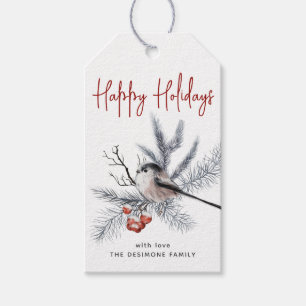Watercolor Chickadee Happy Holidays Red Gift Tag