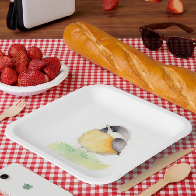 Watercolor Chickadee Paper Plate (Picnic)