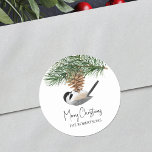 Watercolor Chickadee Pine Cone Christmas Classic Round Sticker<br><div class="desc">This personalised Merry Christmas sticker is perfect to add the finishing touch to your holiday mail,  with a cute watercolor chickadee perched on a pine cone dangling from an evergreen sprig.</div>
