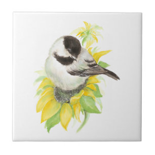 Watercolor Chickadee Sunflower Cute Bird art Tile