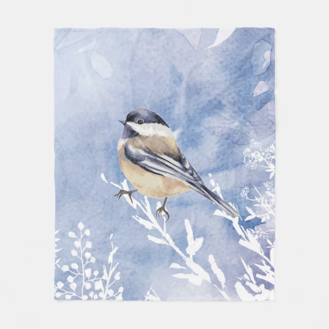 Watercolor Chickadee Winter Bird Wildlife Nature  Fleece Blanket (Front)