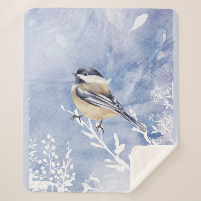 Watercolor Chickadee Winter Bird Wildlife Nature   Sherpa Blanket (Front)