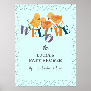 Watercolor Chicken Family Boy Baby Shower Welcome Poster