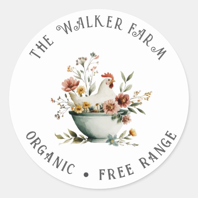 Watercolor Chicken Floral Family Farm Classic Round Sticker (Front)