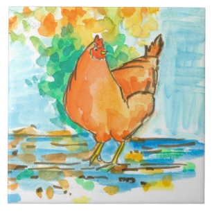 Watercolor Chicken Hen Autumn Leaves Tile