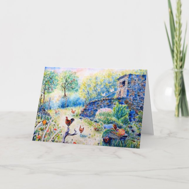 Watercolor Chicken Hen House Greeting Card (Front)