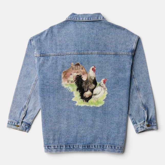 Watercolor Chicken Hen Rooster Farm Bird Denim Jacket (Back)