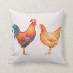 Watercolor Chicken Rooster and Hen Pillow