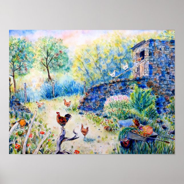 Watercolor Chickens and Hen House Poster (Front)