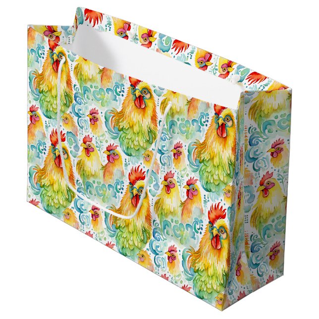 Watercolor Chickens Colourful Birthday Large Gift Bag (Front Angled)