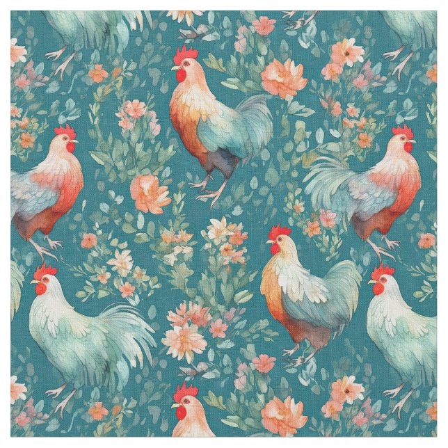 Watercolor Chickens Fabric (Close Up)