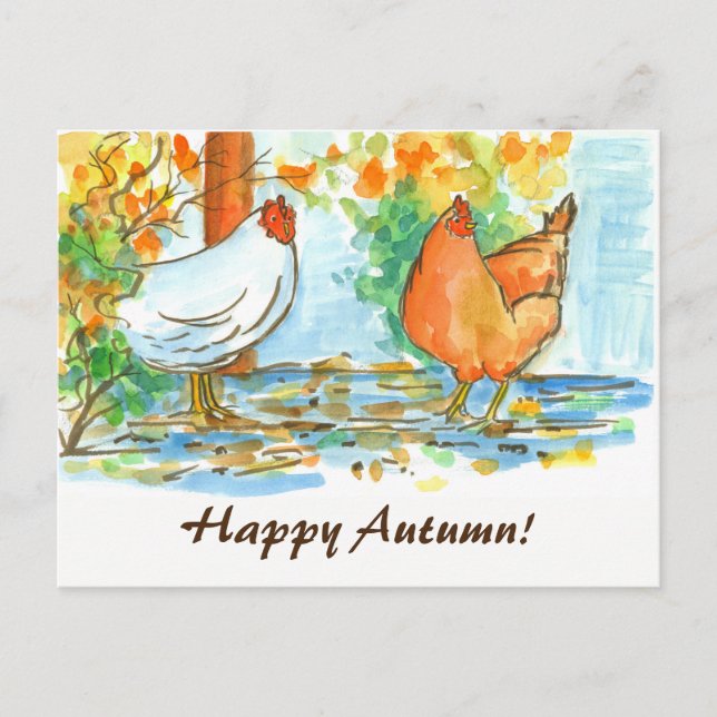 Watercolor Chickens Happy Autumn Postcard (Front)