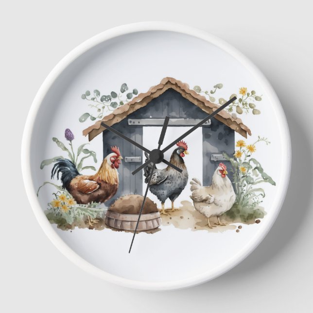 Watercolor Chickens in Coop Clock (Front)