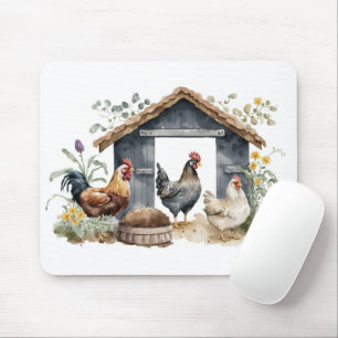 Watercolor Chickens in Coop Mouse Mat