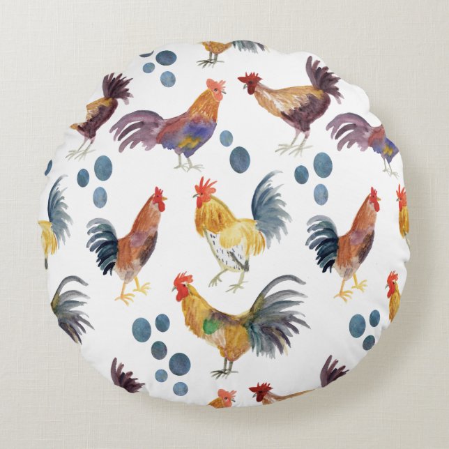 Watercolor chickens pattern country round cushion (Front)