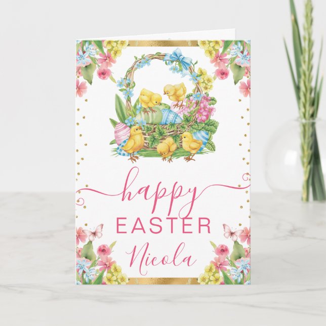 Watercolor Chicks and Eggs Spring Happy Easter Card (Front)