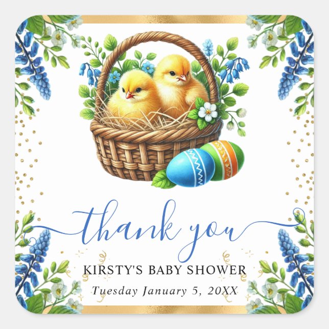 Watercolor Chicks Spring Flowers Baby Shower Square Sticker (Front)