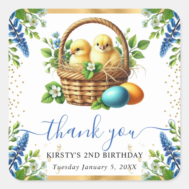 Watercolor Chicks Spring Flowers Birthday Square Sticker (Front)