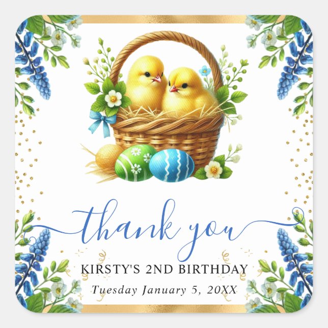 Watercolor Chicks Spring Flowers Birthday Square Sticker (Front)