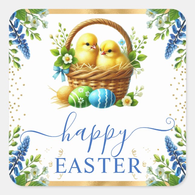 Watercolor Chicks Spring Flowers Happy Easter Square Sticker (Front)