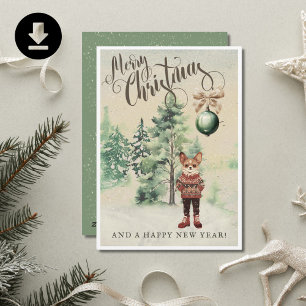 Watercolor Chihuahua Chi Dog Retro Vintage Holiday Card