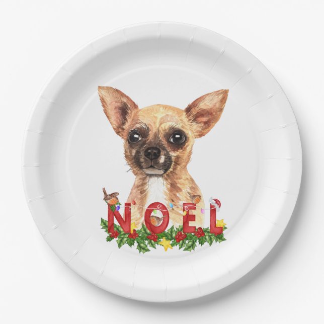 Watercolor Chihuahua Noel Christmas  Paper Plate (Front)