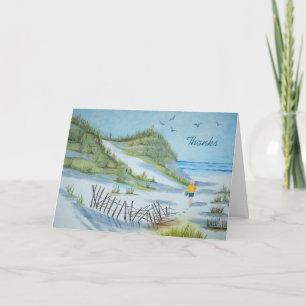 watercolor child walking ocean beach thank you card