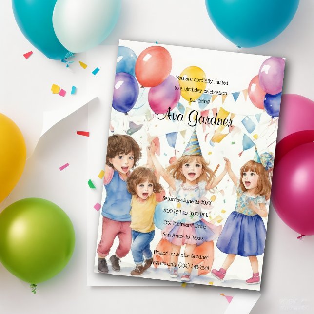 Watercolor Children Celebrating Birthday Invitation (Creator Uploaded)