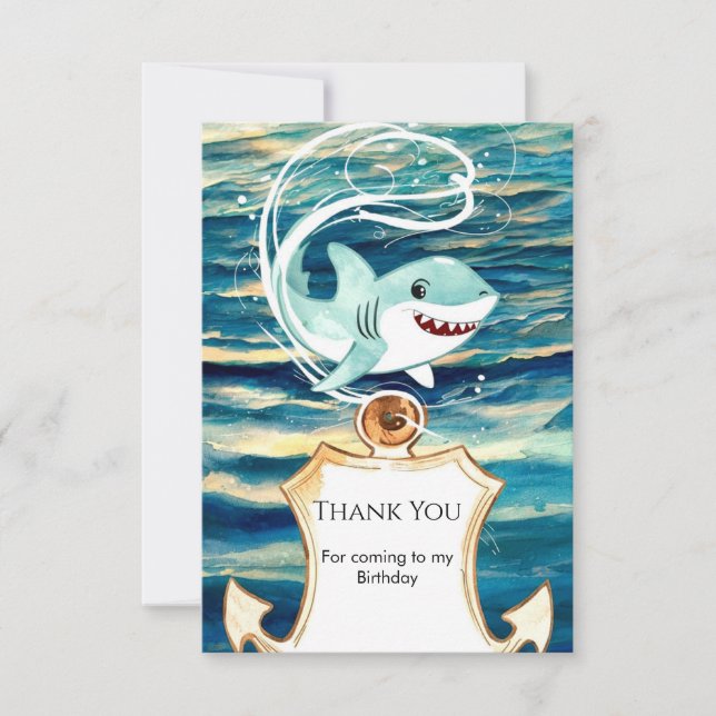 Watercolor Children's Fun Shark Birthday Thank You Card (Front)