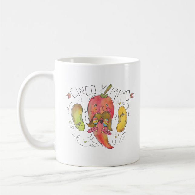 Watercolor Chilli Pepper, Beans, Cinco de Mayo Coffee Mug (Left)