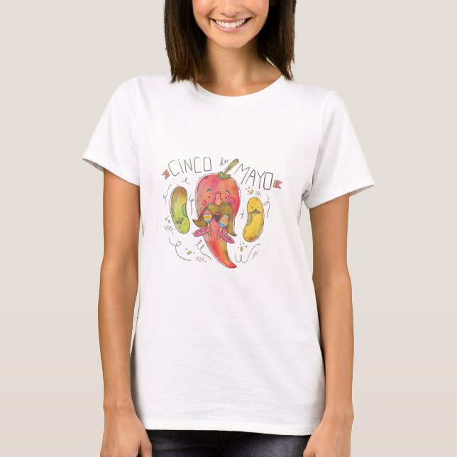Watercolor Chilli Pepper, Beans, Cinco de Mayo T-Shirt (Front)