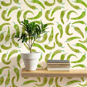 Watercolor Chilli Pepper Green Cream Wallpaper