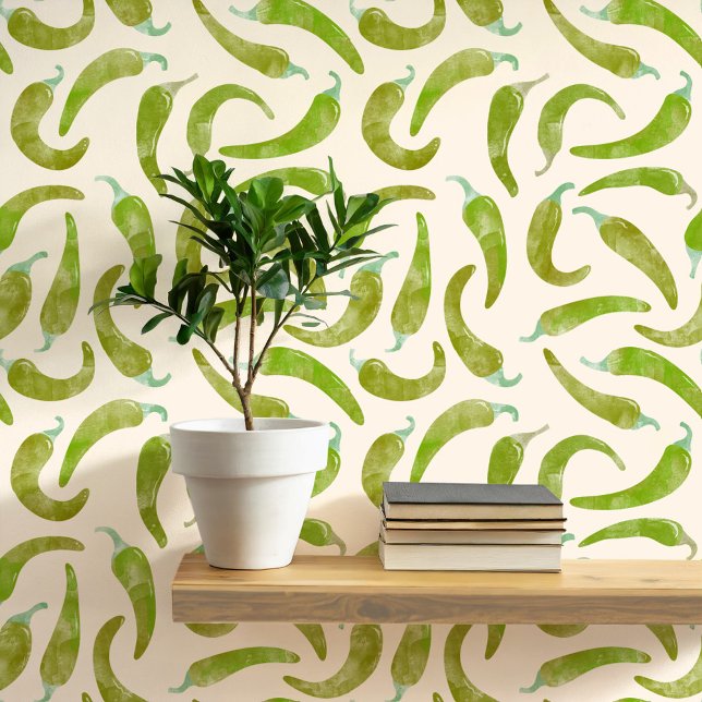 Watercolor Chilli Pepper Green Cream Wallpaper (Hot and spicy watercolor green chili pepper pattern art wallpaper)