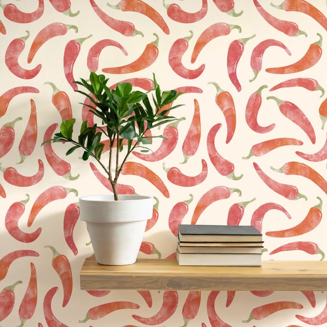 Watercolor Chilli Pepper Red Cream Wallpaper (Hot and spicy red chili pepper watercolor pattern art wallpaper)