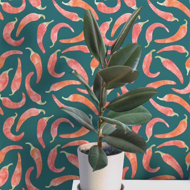Watercolor Chilli Pepper Red Dark Wallpaper (Hot and spicy watercolor red chili peppers on a dark teal green background. Peel and stick wallpaper)